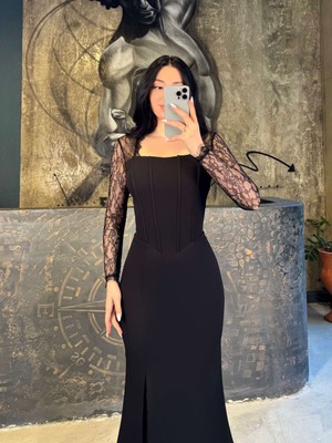 Divya Dantel Detay A Slim Uzun Boy Önü Yırtmaçlı Abiye Siyah