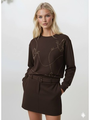 Club Kadın Sweatshirt Uzun Kol Sıfır Yaka Modal Kumaş Taş Işlemeli Yeni Sezon Trend Yumşak Esnek Rahat