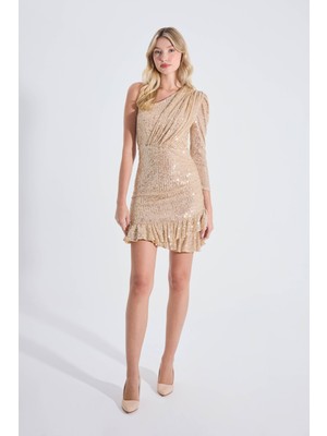 HOX'S Cindy | Payetli Tek Kol Mini Slim Abiye Elbise Asimetrik Yaka Fırfırlı Etek - Gold