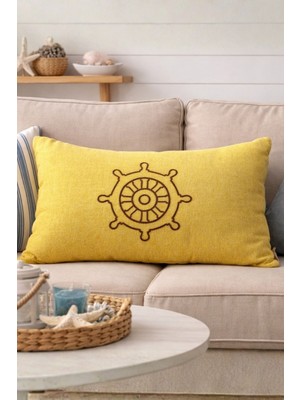 Nakışlı Dümen Desenli Kırlent – 30X50 cm | Keten Dokulu, Dolgulu Yastık