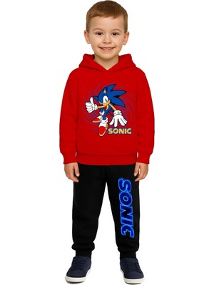 Sedirli Sonic Baskılı Çocuk Eşofman Takımı 3 Iplik Şardonlu Pamuklu Kumaş Kapüşonlu