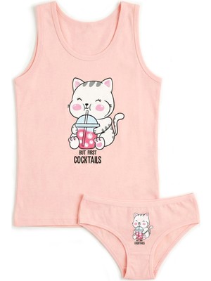 Öts Kız Çocuk Atlet Külot Likralı Somon Kedi (%96 Pamuk - %4 Elastan)