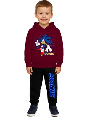 Sedirli Sonic Baskılı Çocuk Eşofman Takımı 3 Iplik Şardonlu Pamuklu Kumaş Kapüşonlu