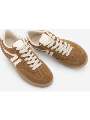 Marjin Kadın Sneaker Bağcıklı Düz Taban Spor Ayakkabı Tiyone Taba Süet