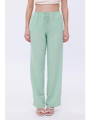 La Pante Beli Lastikli Bağcıklı Dokuma Mavi Pantolon