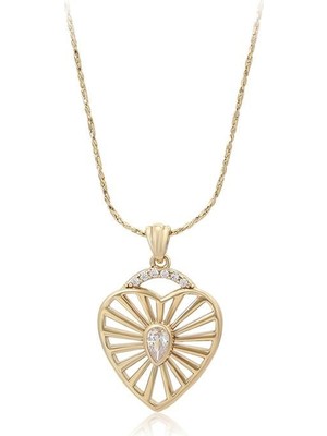 SERENES Zirkon Taşlı Güneş Temalı Kalp Figürlü 14 Ayar Altın Kaplama Kadın Kolye