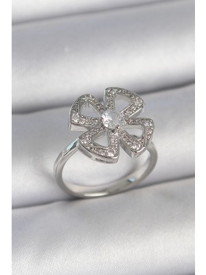 Marsilyan Pirinç Gümüş Renk Zirkon Taşlı Yonca Model Ayarlanabilir Kadın Yüzük