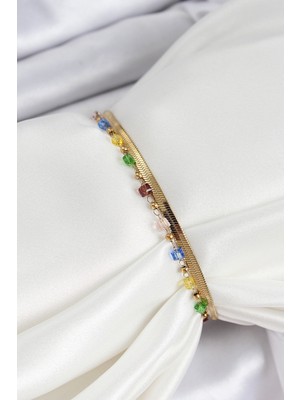 Marsilyan 316L Çelik Gold Renk Karışık Renkli Kristal Taşlı Kadın Bileklik