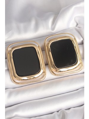 Marsilyan Pirinç Gold Renk Siyah Mineli Kare Model Kadın Küpe