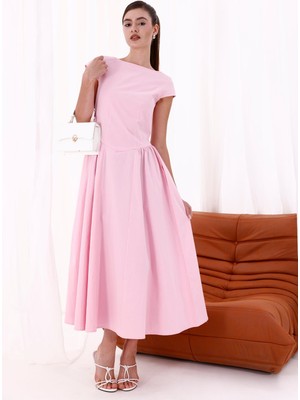 La Pante Sırtı Acık Arka Fermuarlı Bel Büzgülü Uzun Elbise