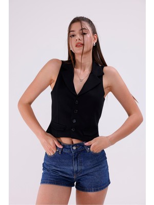 La Pante Kadın Yelek Kadın Ceket Yelek Blazer Düğmeli Kolsuz Kapaklı Yelek Kumaş Şık Siyah Yelek