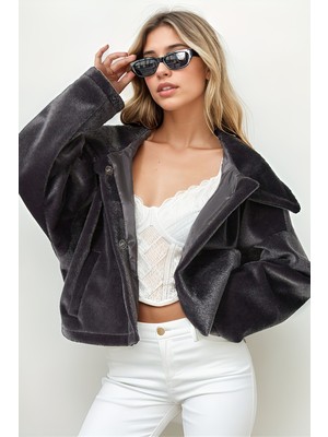 Hiramir Kadın Oversize Yarasa Kol Kısa Mont Füme KS2534