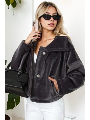 Hiramir Kadın Oversize Yarasa Kol Kısa Mont Füme KS2534