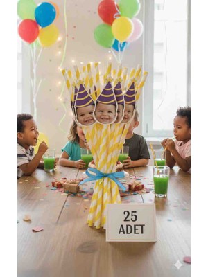 E-TrendPro Doğum Günü ve Özel Günlere Özel Fotoğraf Baskılı Kişiye Özel Tasarım Pipet Süsleme Seti - 25 Adet Pipet Dahil - Pvc Kaplı Suya Dayanıklı Sert Malzeme