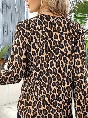 Tiana Kadın Uzun Kollu Önden Fermuarlı Leopar Desenli Modal Bluz