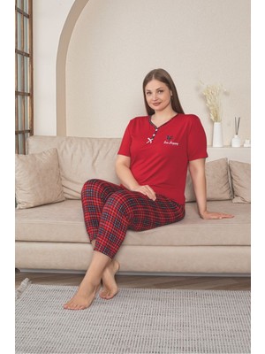 Asel Büyük Beden Kırmızı Kısa Kollu Bambu Pijama Takımı