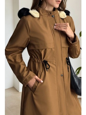 Hiramir Uzun Içi Kürk Astarlı Bondit Kapüşonlu Kaban Taba KS2523