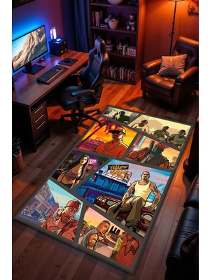 Charmbi Grand Theft Auto Desenli Kaymaz Taban Makinede Yıkanabilir Gaming Oyuncu Gamer Genç Odası Halısı