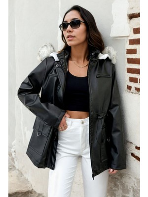 Hiramir Kadın Deri Kapüşonlu Peluş Astarlı Mont Bej KS2527