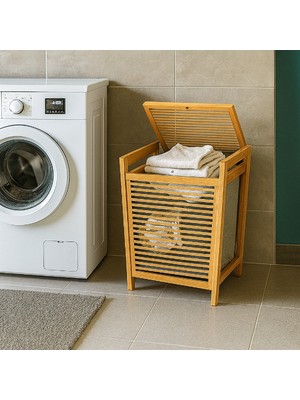 Orta Boy Ahşap Bambu Kirli Sepeti 40X35X60  SARVONA-T678U54