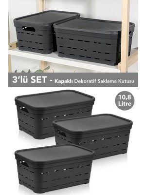 Meleni Home 3'lü Kapaklı Delikli Dekoratif Piramit Saklama Kutusu - Dolap Düzenleyici Organizer 10,8 Lt Antrasit