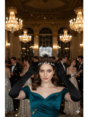 1920 Gatsby Stil 2’li Gece Aksesuar Seti - Alınlık ve  Siyah Saten Eldiven