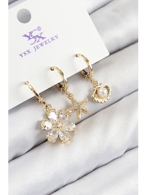 Pirinç Zirkon Taşlı 3'lü Istiridye ve Çiçek Model Gold Renk Kadın Küpe EB-53-VICE/(1395) 0916