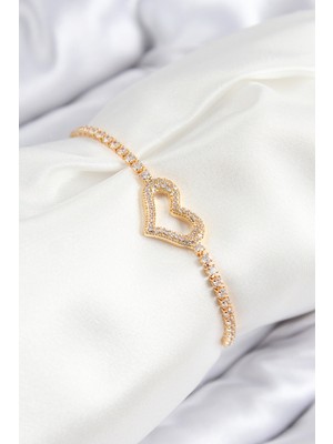 Pirinç Zirkon Taşlı Kalp Model Gold Renk Asansörlü Kadın Bileklik EB-53-VICE/(1395) 1002