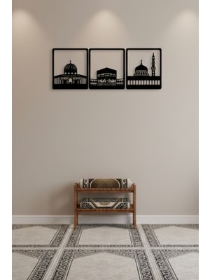Grandmix Islami Dekoratif Üçlü Metal Duvar Tablosu Kabe ve Cami Temalı Duvar Dekoru