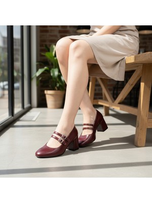 Kadın Bordo Mary Jane Ayakkabı | Çift Tokalı Kalın Topuklu Günlük & Ofis Ayakkabısı