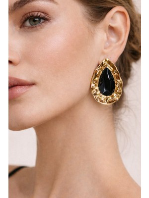 Solare Accessories Siyah Taşlı Altın Kaplama Damla Form Vintage Küpe (Hipoalerjik)