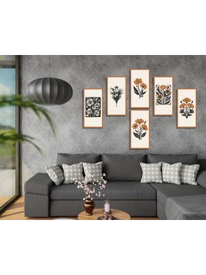 M&H Quality 6’lı Vintage Çiçek Tablo Seti Krem Zemin |siyah-Kiremit Tonlar Retro/folk Stil Duvar Dekoru