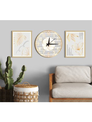 M&H Quality Lüks Gri & Altın Çizgisel Botanik 3'lü Duvar Dekoru Seti (2 Tablo + 1 Saat) | Sessiz Mekanizma