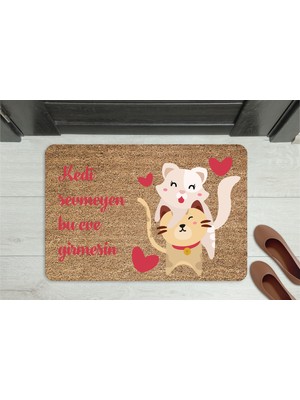 M&H Quality Kedi Sevmeyen Giremez” Yazılı Kedi Figürlü Kapı Önü Paspası – Kaymaz, Yıkanabilir