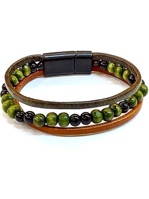 Herşey Nota Forest Stone – Yeşil Doğal Taş Detaylı Hakiki Deri Erkek BILEKLIK-1449