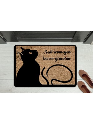 M&H Quality Kedi Sevmeyen Giremez” Yazılı Kedi Figürlü Kapı Önü Paspası – Kaymaz, Yıkanabilir