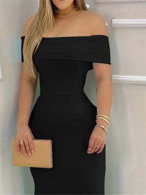 The Kethen Kadın Kısa Kollu Madonna Yaka Belden Oturtmalı Uzun Ithal Krep Elbise