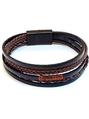 Herşey Nota Shadow Weave – Siyah & Kahverengi Örgü Detaylı Hakiki Deri Erkek BILEKLIK-1448