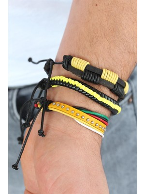 Sarı Renk Zımbalı Deri Erkek Bileklik Kombini EB-53-VICE/(1395) 1420