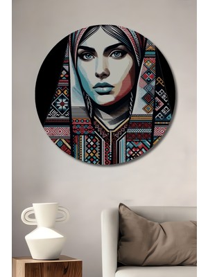 Teona Ahşap Büyüleyici Geleneksel Kadın Portresi Yağlı Boya Görünümlü Ahşap Dekoratif Tablo Yuvarlak Duvar Tablosu