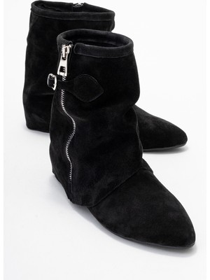 Luvi Noar Siyah Süet Hakiki Deri Büzgülü Fermuarlı Kadın Bot