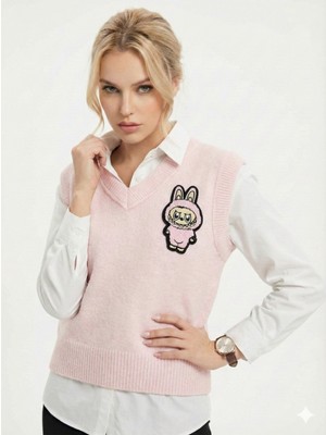 Ribana Classic Kadın Regular Kesim V Yaka Nakışlı Kolsuz Süveter 4858