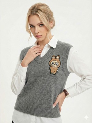 Ribana Classic Kadın Regular Kesim V Yaka Nakışlı Kolsuz Süveter 4858