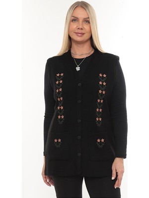 İKSUN Güllü Nakışlı Kışlık Kalın Çelik Örgü Düğmeli Cepli Triko Anne Yelek