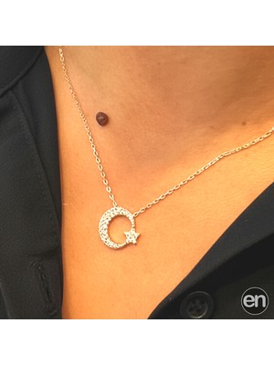 Gümüş Zirkon Taşlı Ay Yıldız Kolye