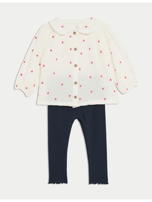 Marks & Spencer 2 Parça Pamuklu Kalp Işlemeli Alt-Üst Takım (0-3 Yaş)