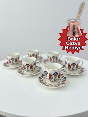 Airobazar 6 Kişilik Kahve Fincanı Takımı – Bakır Cezve Hediyeli Çini Desenli Porselen Fincan & Tabak Seti
