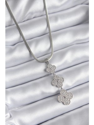 Mega Sepetim 316L Çelik Gümüş Renk İtalyan Zincir Zirkon Taşı Yonca Model Kadın Kolye