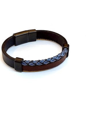 Herşey Nota Heritage Braid – Lacivert Örgü Detaylı Kahverengi Deri Erkek BILEKLIK-1431