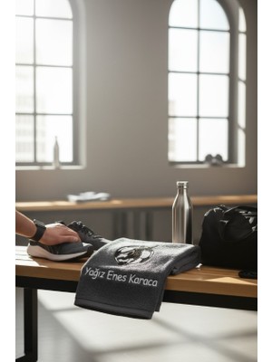 Kişiye Özel İsimli Futbolcu Nakışlı Antrenman Havlusu – Antrasit Sporcu El Havlusu 50x90 cm